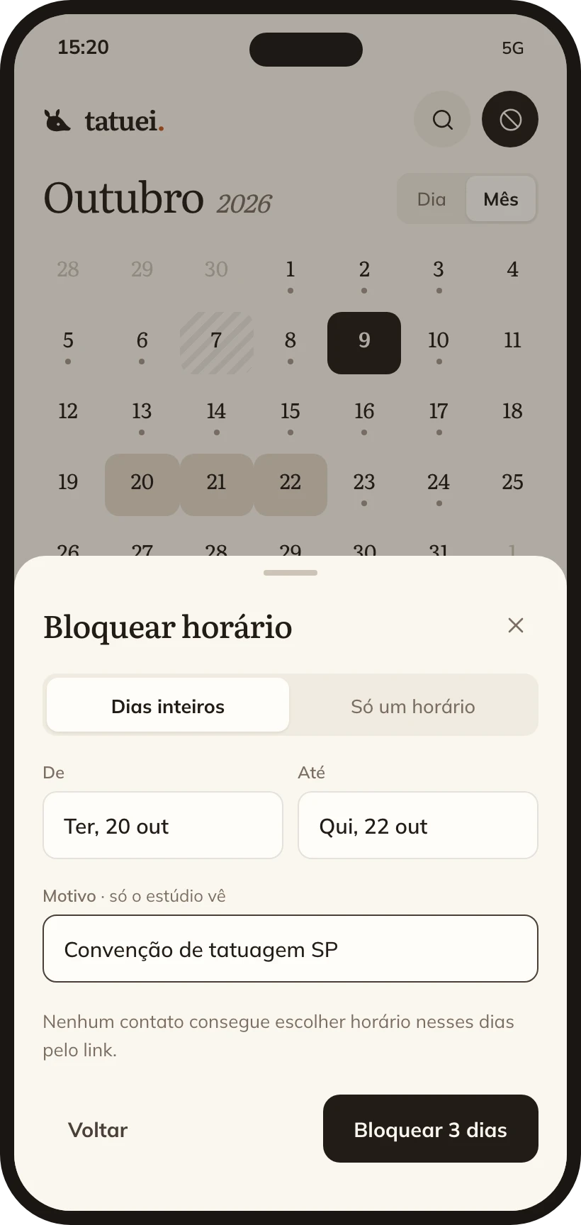 Bloqueio de horários no celular.