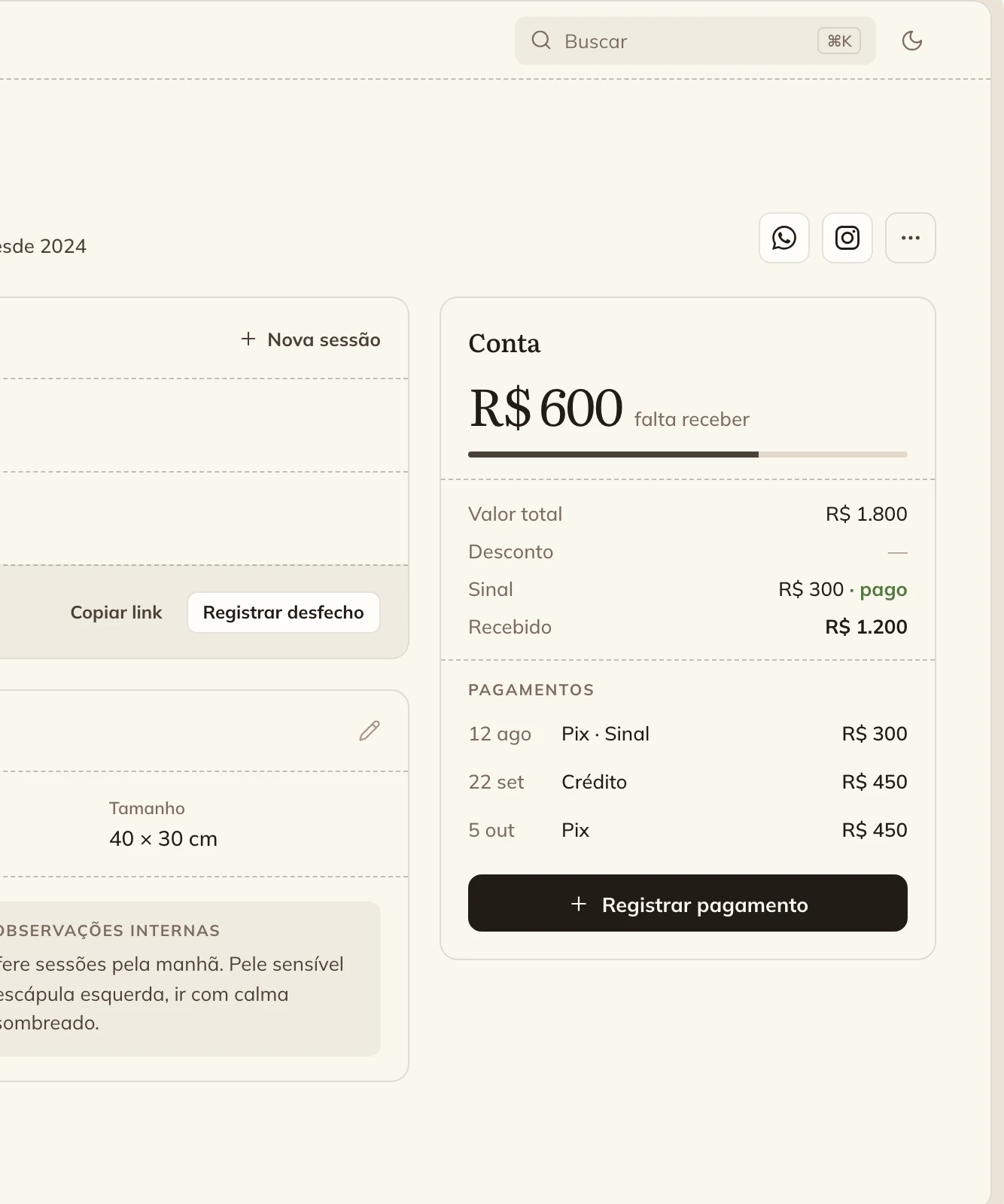 Conta da tatuagem com sinal, pagamentos e saldo restante.