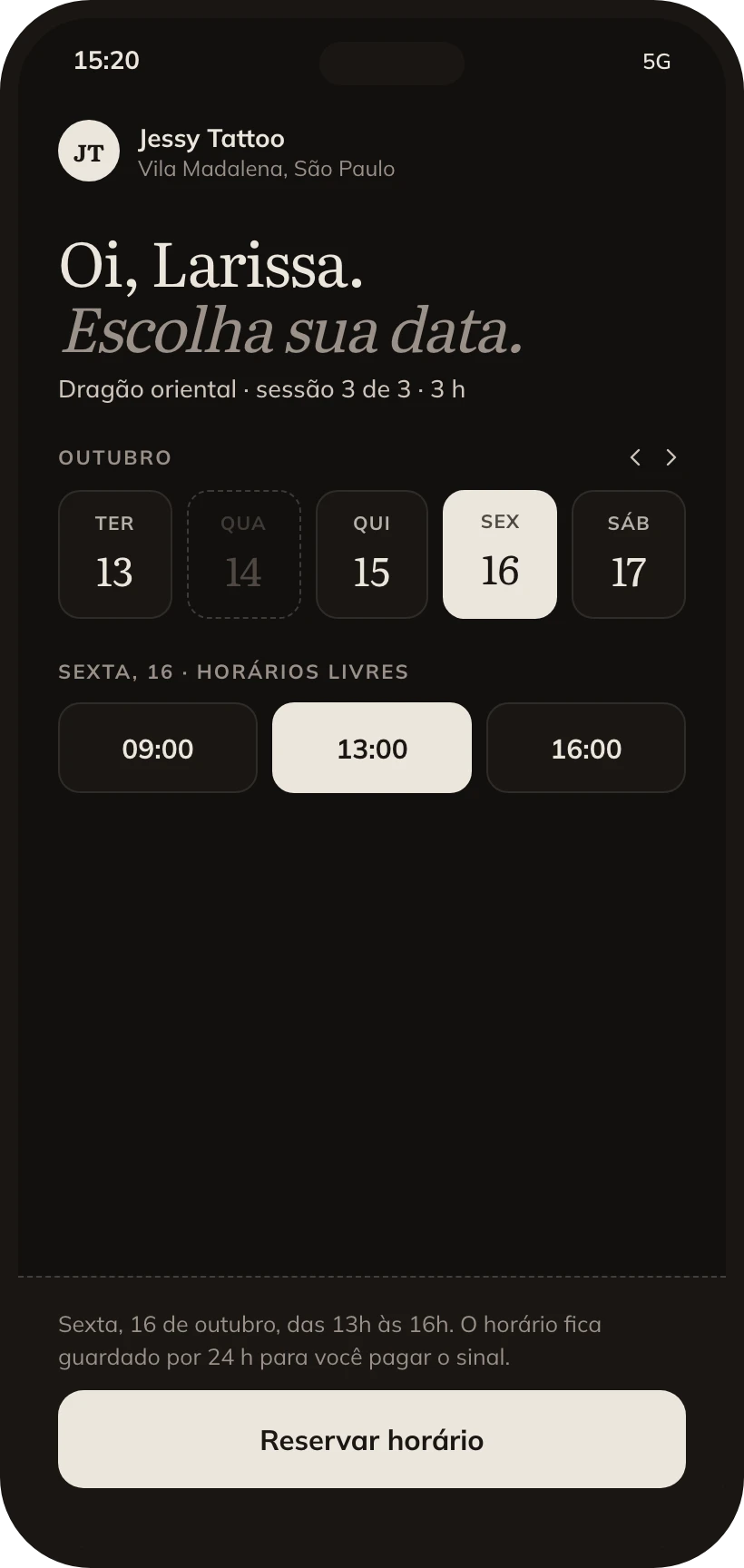 Link de agendamento: escolher o dia e o horário.