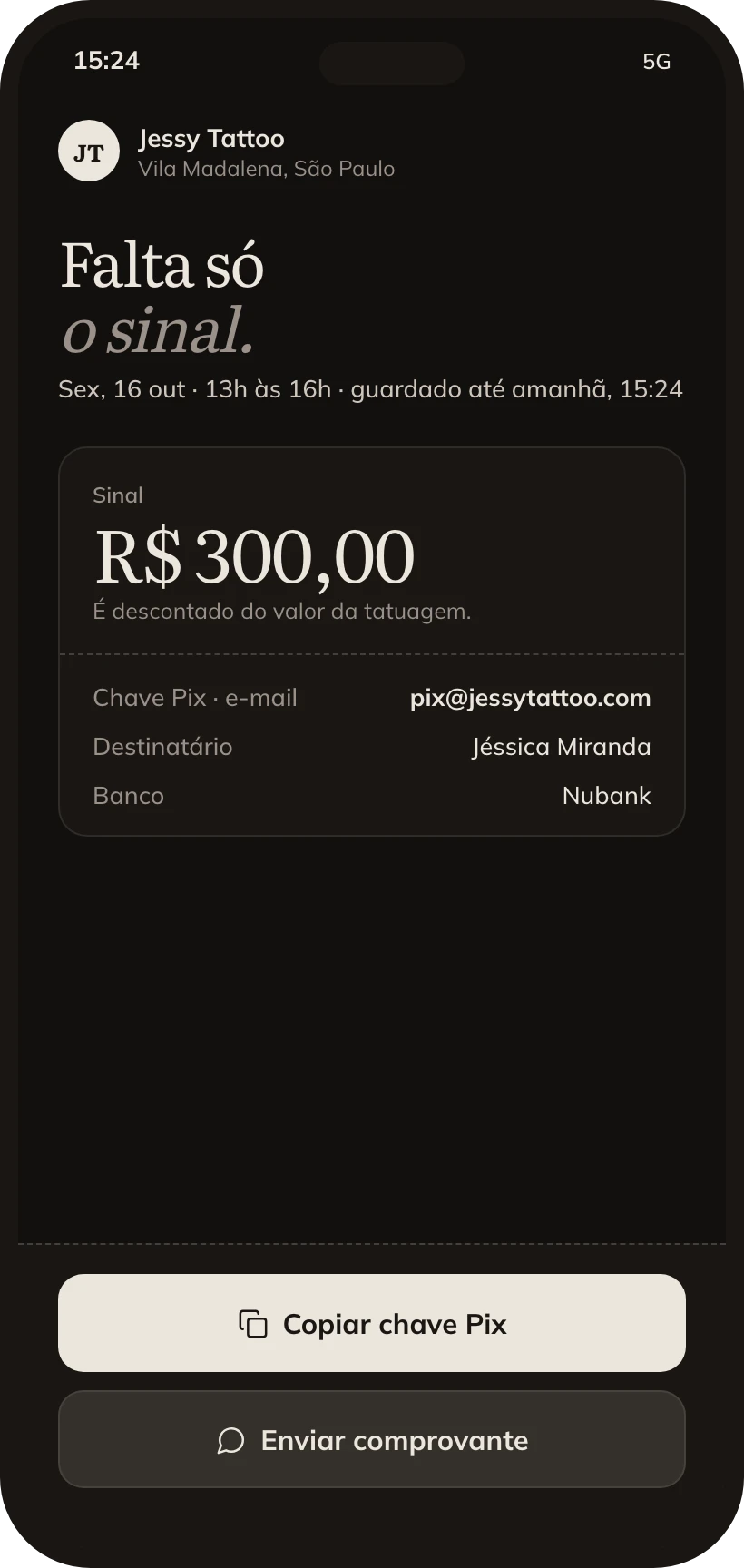 Link de agendamento: pagar o sinal pelo Pix.