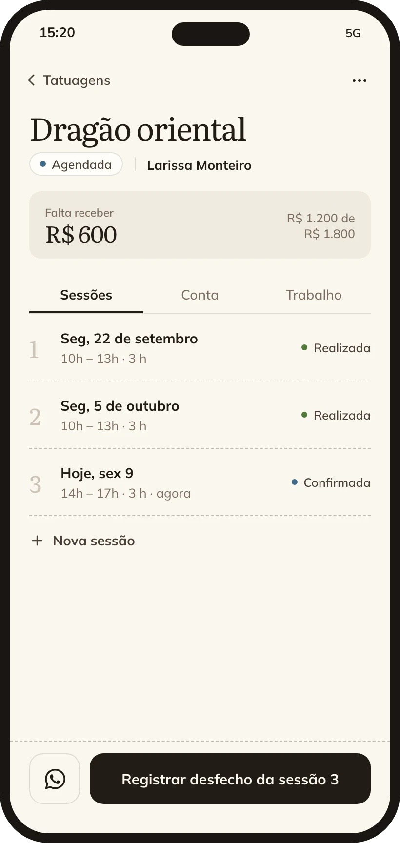 Ficha e pagamentos da tatuagem no celular.